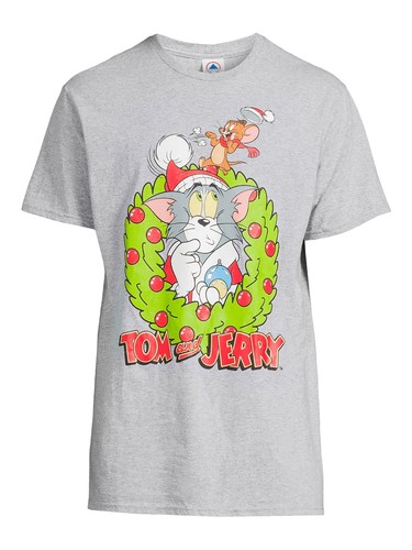 Tom and Jerry Christmas Men's Holiday Wreath Graphic Tee Heather Grey Size M - Picture 4 of 4