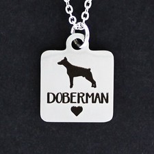 DOBERMAN Necklace - Stainless Steel Charm on Chain Square with Heart Dog Pet