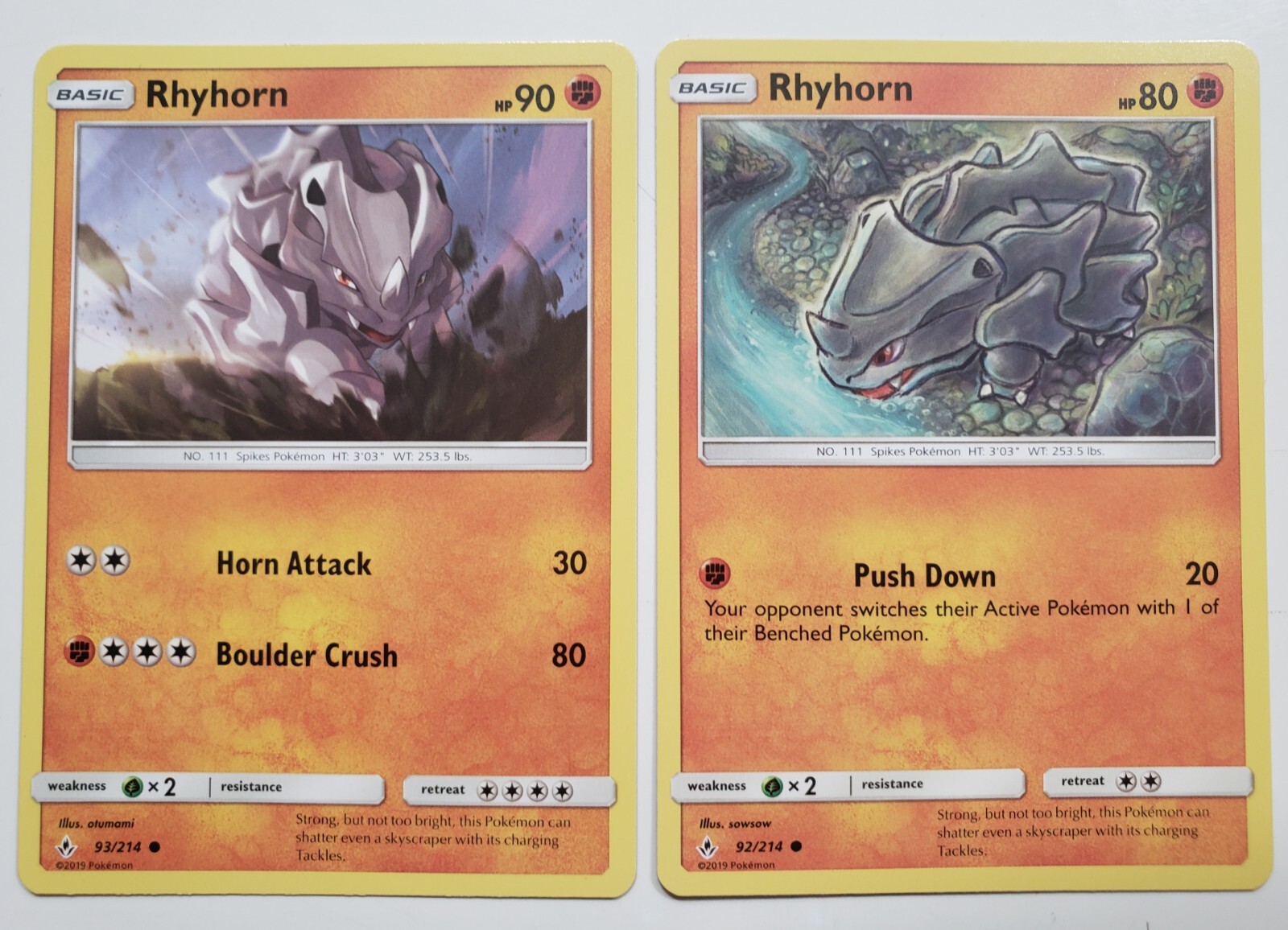 Rhyhorn 92/214 & 93/214 - Unbroken Bonds Sun Moon Pokemon Card - sowsow Art