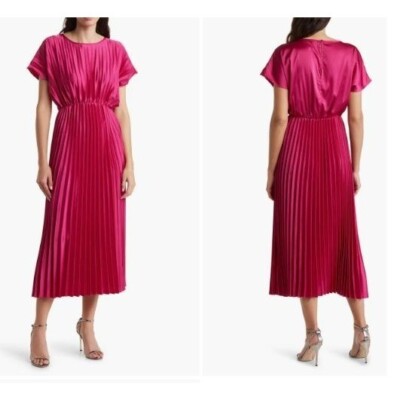 Lush Cap Sleeve Pleated Satin Midi Dress, Pink, XS | eBay