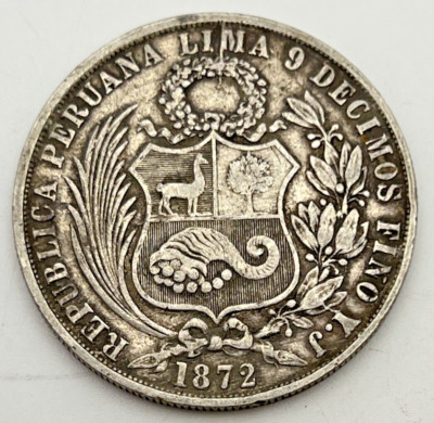 1872 YJ Peru 1 Sol Republic Dot Below 7 in Date .900 Silver KM#196.3 Die Crack