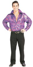 70's-80's Disco Shirt Multi Color Metallic Swirl Print Polyester Costume Shirt