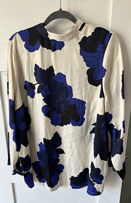 Lane Bryant  Womens Top 18 Ivory Satin Royal Blue Floral Luxury Designer Zip NEW