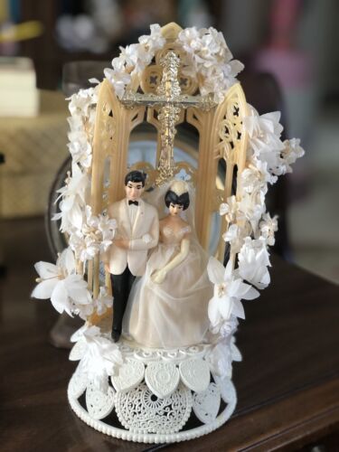 Vintage Wilton Bride & Groom Wedding Cake Topper -Chalkware  Mexico  10 & 1/2" - Afbeelding 1 van 12