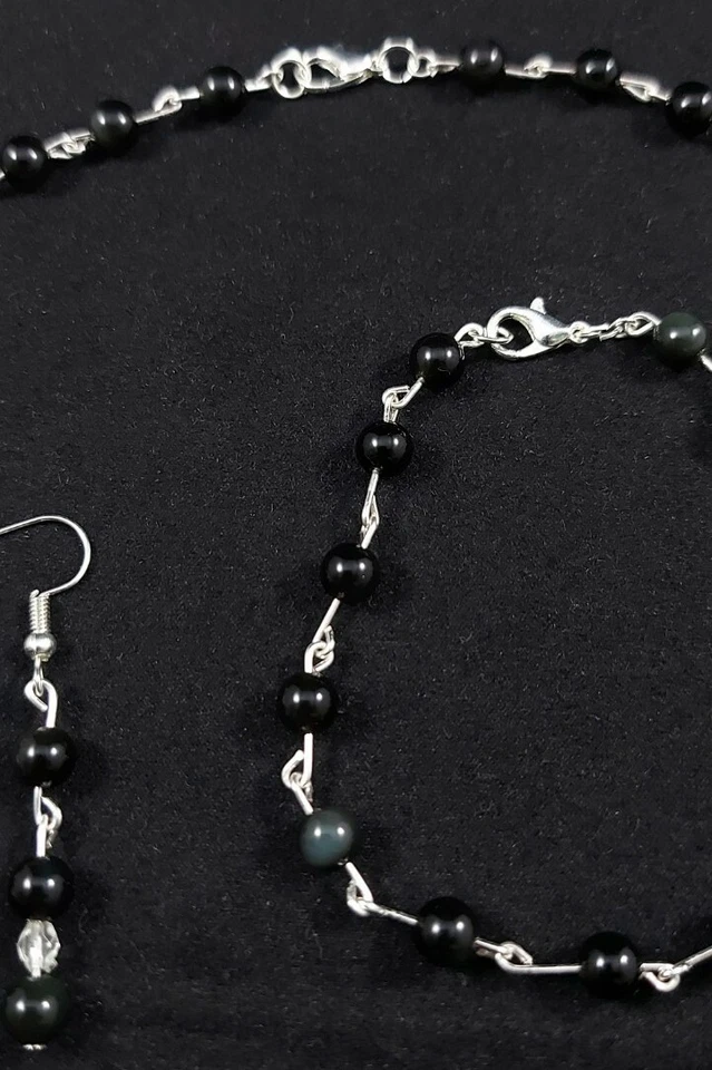 Juego 3 en 1: Collar de obsidiana arco iris natural plateado, pendientes, pulsera  Foto 4 de 4