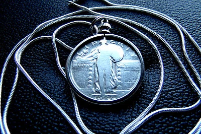 1916-1930 Standing Liberty Quarter Pendant on a 22" 925 Silver Snake Chain