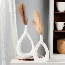 Oval Vase Set of 2 - White Decorative Ceramic Oval Shape Vases for Pampas Gra...