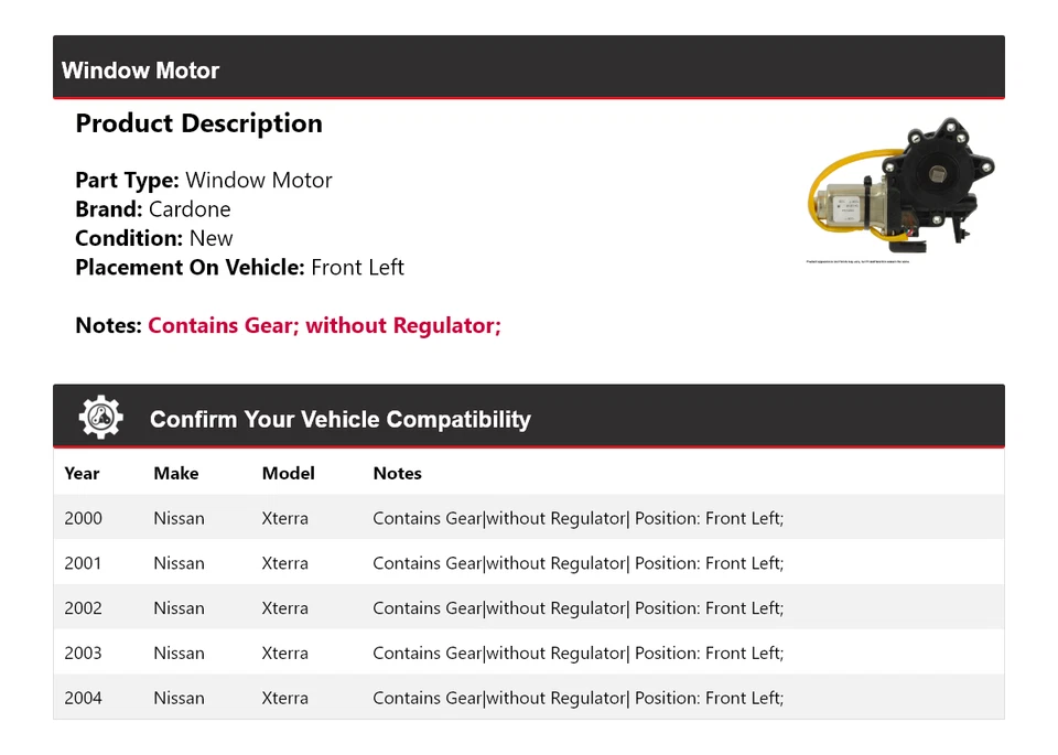 Motor ventana delantero izquierdo cardone 2001 2002 2003 Nissan Xterra 2000-2004 Foto 2 de 4