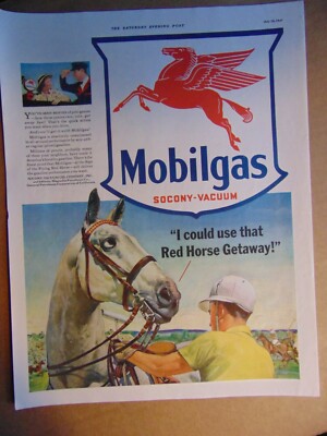 1941 MOBIL GAS Flying Red Horse Real Horse Needs Speed vintage art print ad