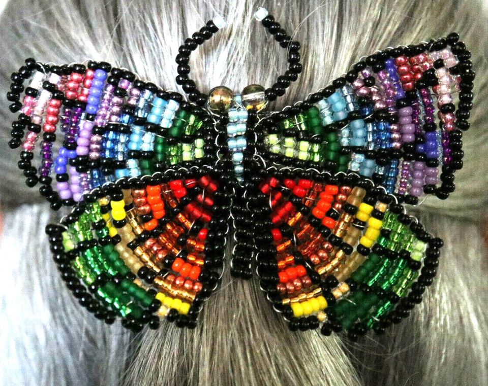 BARRETTE HAND BEADED FRENCH HAIR CLIP BUTTERFLY HAIR ACCESSORY RAINBOW  4"X3"  L - Image 3 of 4