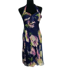 Morrell Maxie Dress 4 Navy Watercolor 100% Silk Sexy Halter Fit Flare Empire Bra