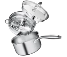 3.5 Quart Stainless Steel Saucepan with Steamer Basket, Tri-ply Construction