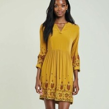 Beach Lunch Lounge Mustard Yellow Aztec Finely Embroidered Boho Dress - S