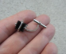 Vintage Silver Tone And Black Onyx Banded Square  Tie Tack Clip