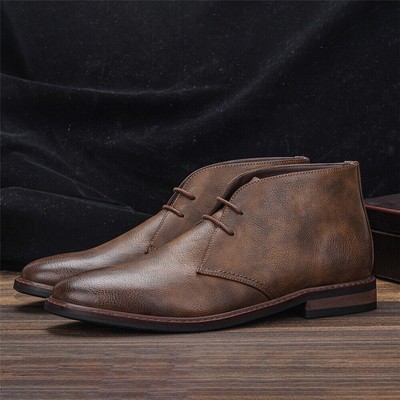 Men's Lace-up Flat Ankle Desert Boots Pointed Toe Retro Non-slip Leather Shoes