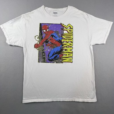 Marvel Spiderman Comic Hero T Shirt Mens Large White Graphic Print Crew Neck