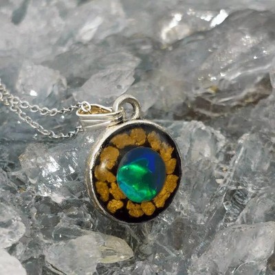 Cara Lightning Ridge Black Opal 1ct S925 Necklace with 24K NZ Gold Flakes