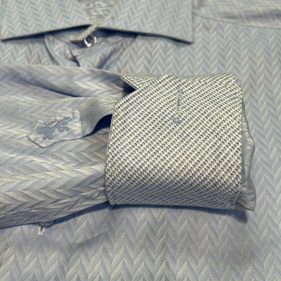 Bugatchi Uomo Men Dress Shirt 15.5/39 Blue Herringbone Roll Cuff Long Sleeve3434 - Image 2 of 4