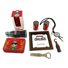 Vtg Coca-Cola Memorabilia Junk Drawer Type Tray Lot Puzzle Bolo Mirror Shakers
