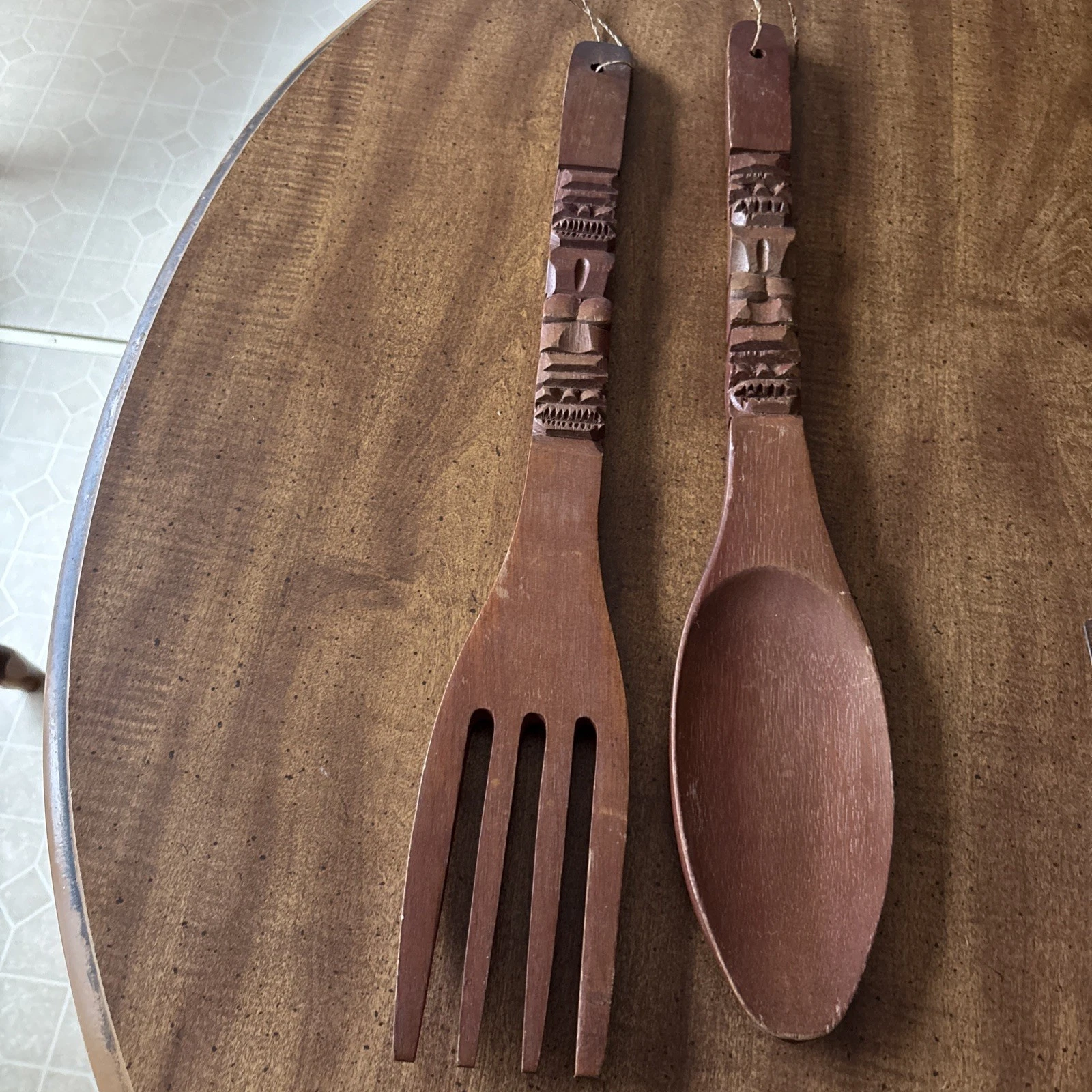 Vintage Set Of 2 Mid Century Hand Carved Wooden Tike Serving Spoon And Fork 21”