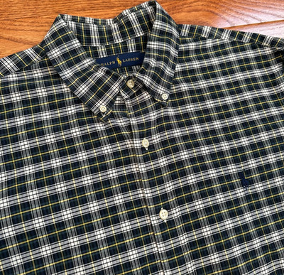 Polo Ralph Lauren Button Down Dress Shirt Mens XL Pony Green Blue Plaid Check