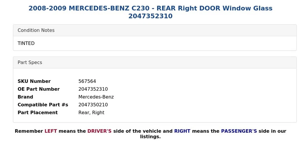 2008-2009 MERCEDES-BENZ C230 - REAR Right DOOR Window Glass 2047352310 - Image 3 of 4
