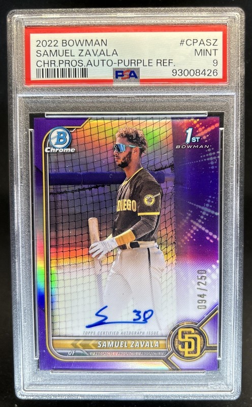 2022 Bowman Chrome Samuel Zavala Auto Purple Refractor 1st #/250 Padres PSA 9