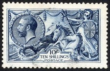 SG402 1913 Waterlow 10s indigo, struck with faint circular ring cancel