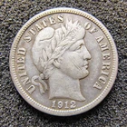 1912 Barber Dime 10C - Philadelphia - 90% Silver - VF-XF Condition - Nice Toning