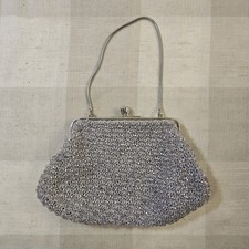 VTG Japan Silver Bead Woven Gray Small Formal Clasp Purse Handbag by Beadies
