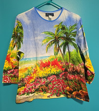 Artscapes Top Large Palm Trees Beach Colorful Bright 3/4 Sleeve  Tshirt Floral