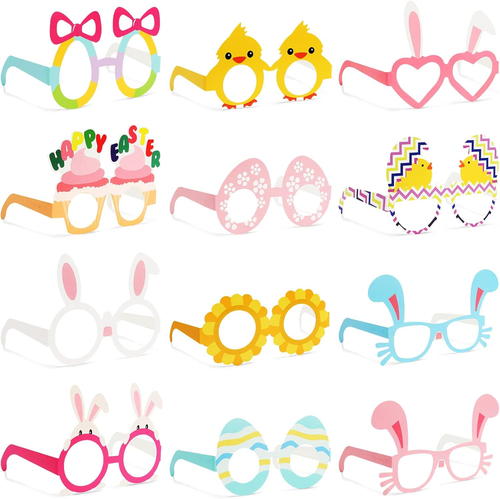 12PCS Easter Party Glasses, Paper Glasses Easter Bunny Ears Funny Glasses for Ki