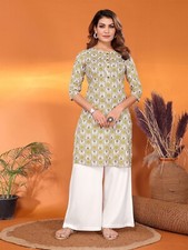 Indian Women Off White Multi Printed Cotton Floral Kurta Kurti Top Tunic Dress