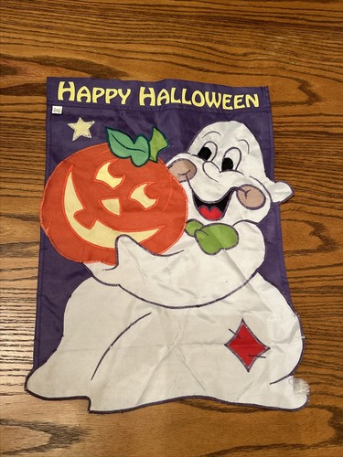 Vintage Halloween Ghost Jack O Lantern Nylon Yard Flag 2002 18x13 - Picture 2 of 8