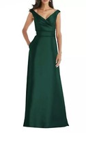 Alfred Sung Hunter Green  Off the Shoulder Satin Gown Size 2 R $239