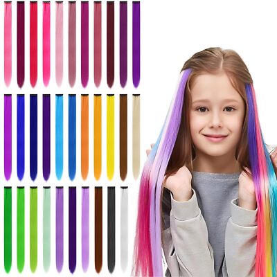 32 PCS Clip in Colored Hair Extensions for Kids 20 Inches Rainbow Long Straig...