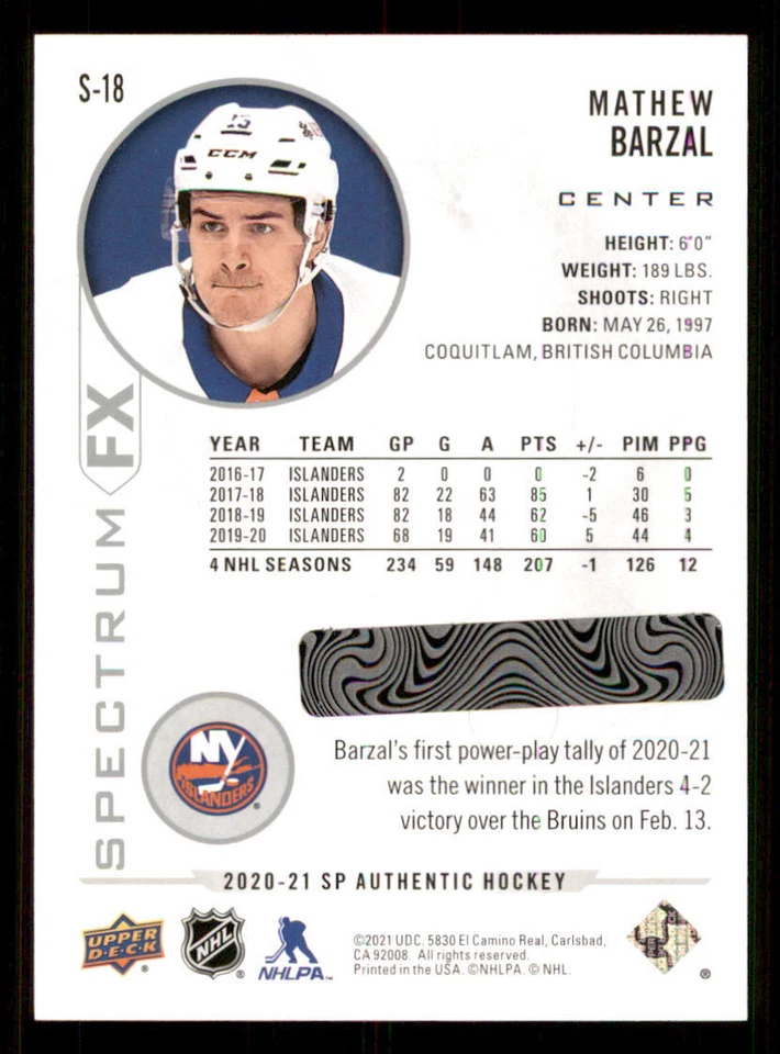 2020-21 SP Authentic Spectrum FX #S18 Mathew Barzal - Image 2 of 2