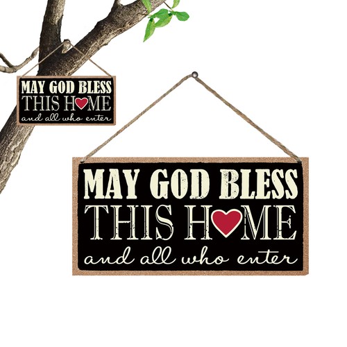 Front Door Wooden Hanging Sign - "May God Bless This Home & All Who Enter" Rustic Farmhouse Decor, 5x10 Inches - View #9