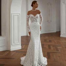 Lace Mermaid Wedding Dresses Sweetheart Full Sleeve See Through Body Sweep Train