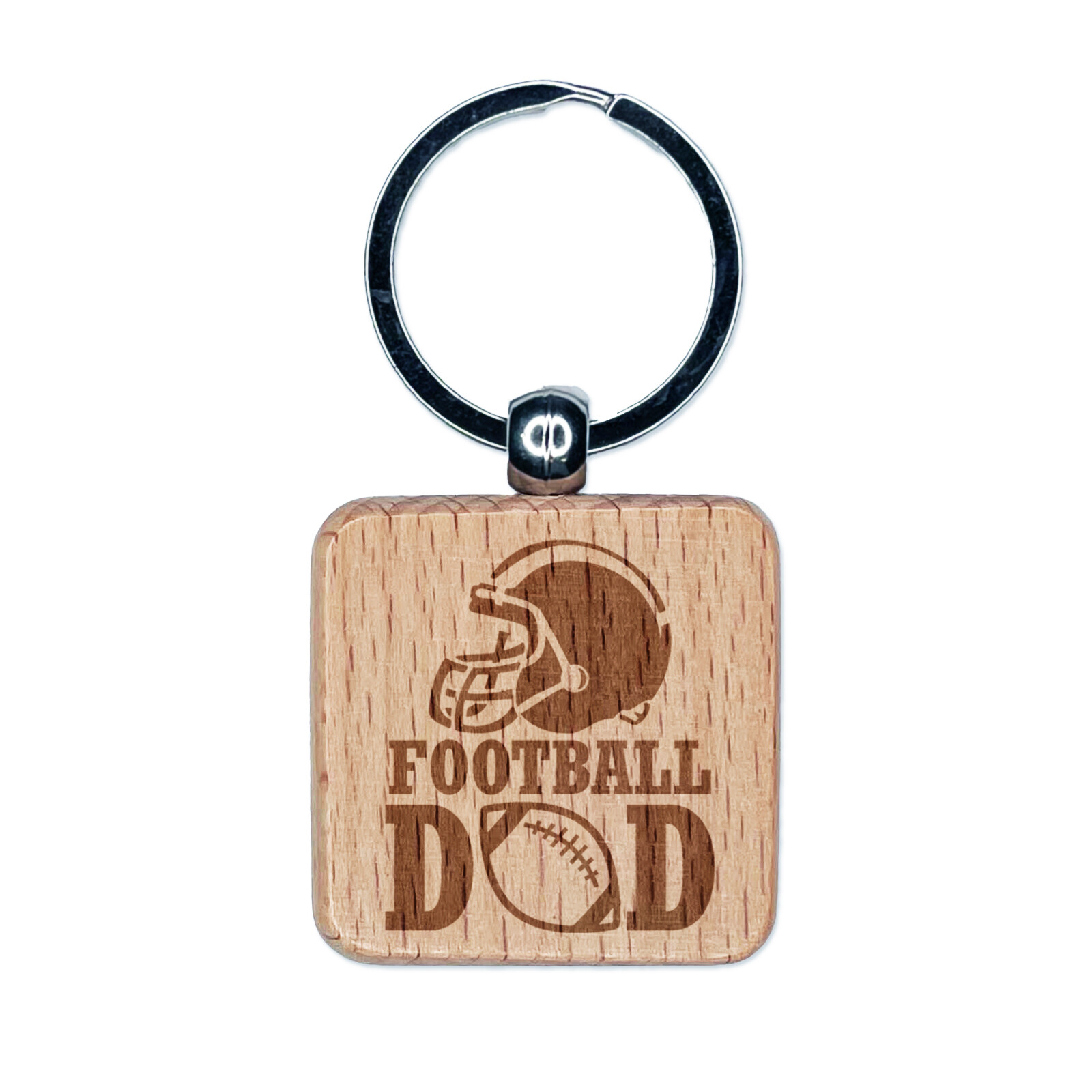 Football Dad Helmet Engraved Wood Square Keychain Tag Charm