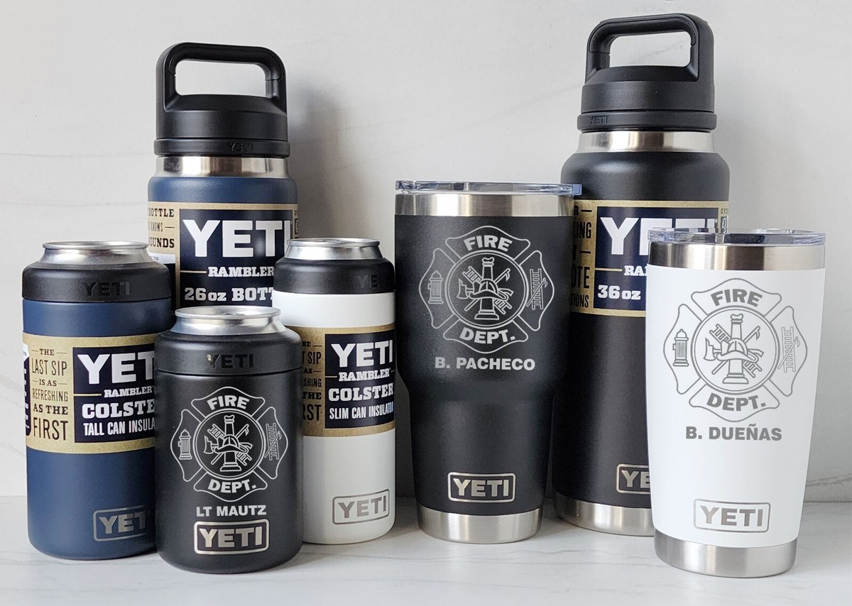 YETI Custom FIRE DEPARTMENT Laser Engraved Tumblers, Can Colsters