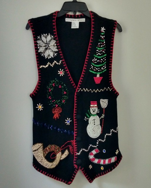 VICTORIA JONES Ugly Christmas Vest Sweater Beaded Ramie Cotton Sleeveless Size S | eBay