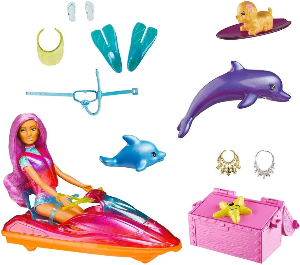 🐬 Muñeca Barbie Playa con Jet Ski y Accesorios Deportes Acuáticos, Cachorro, Delfines. Nuevo en caja Foto 2 de 4