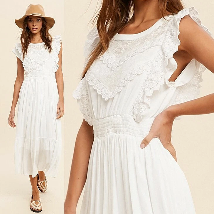 NEW Off White Romantic Lace Inset Ruffle Trim Yoke Smock Waist