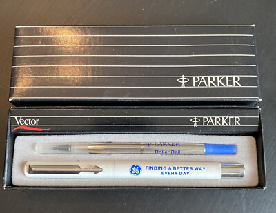 Vtg Parker Vector Pen Set ''GE Finding a Better Way Every Day'' advertising 1990