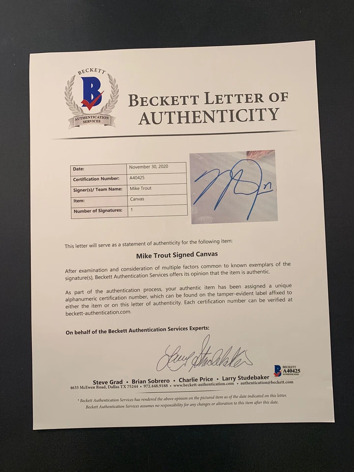 Mike Trout Signed 16x20 Custom Canvas BAS COA LOA Autograph #A40425 LA Angels⚾️ - Image 3 of 4