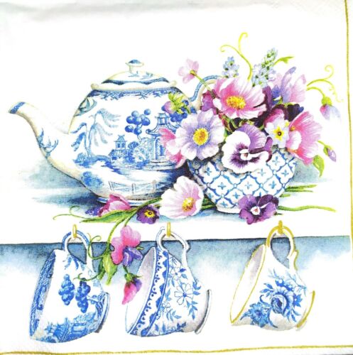 N178# 3 x Single Paper Napkins For Decoupage Craft Fowers Teapot Cup Blue White - Afbeelding 1 van 2