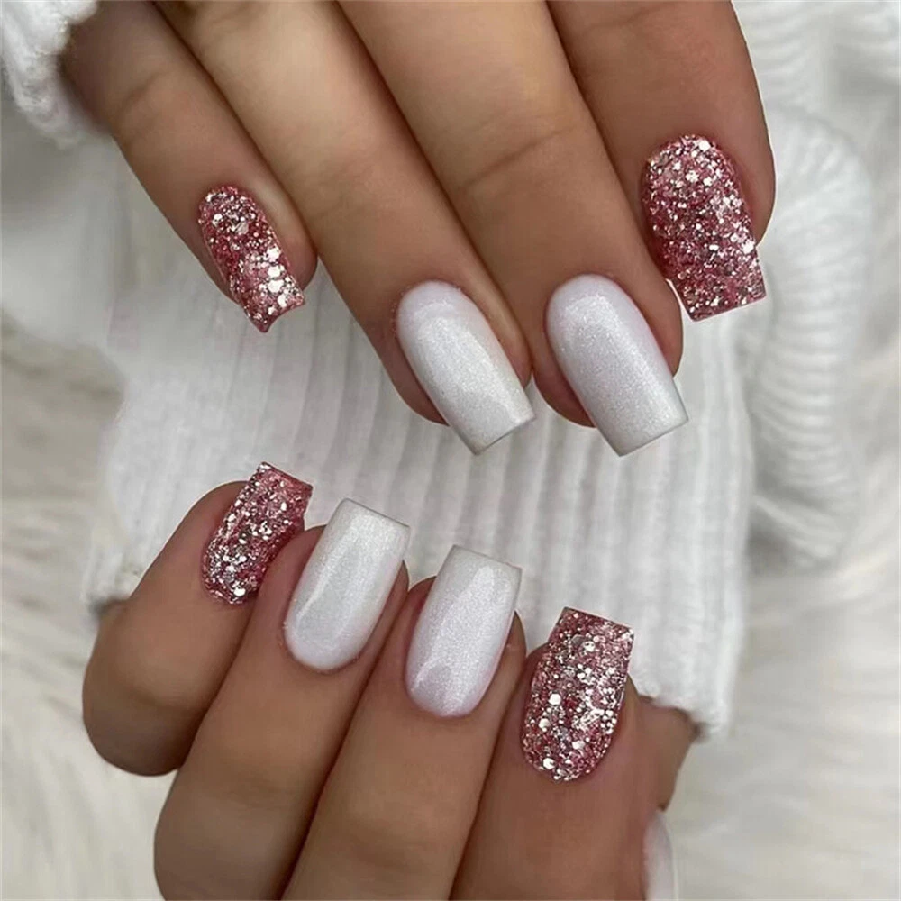 Buy 3d Bling Fake Nails Extra Long Press On False Nails With Design Holo  Rhinestones Nail Tips Pink Nude Full Cover Ballerina Coffin Artificial Nail  Art For Women Girls Bridal Wedding Online