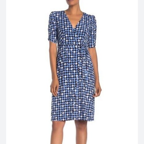 NWT Eliza J Blue Geometric Circle V-Neck Half Sleeve Faux Wrap Dress 8 - Picture 1 of 10