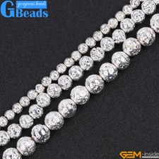 Silver Coated Round Volcanic Lava Rock Stone Beads For Jewelry Making Strand 15"